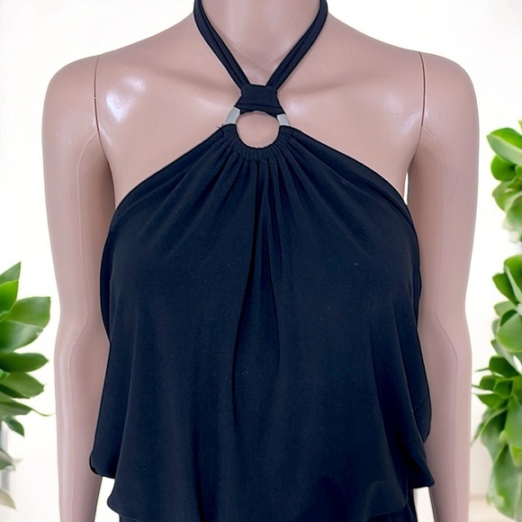 Black with Silver Ring Tie Neck Sleeveless Halter Wide Leg Jumpsuit - Picture 7 of 16